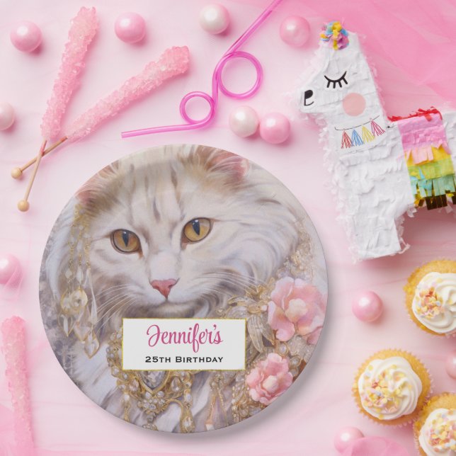 Elegant White Cat in Gold and Diamonds Birthday Paper Plate (Party)