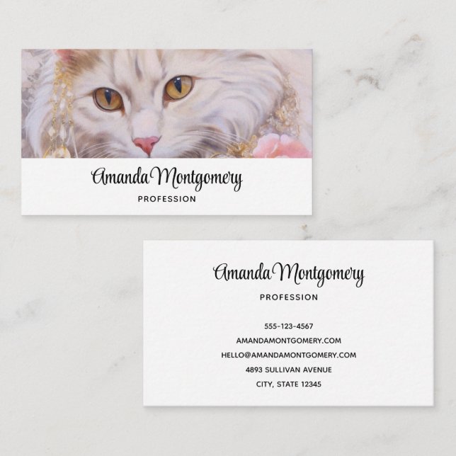 Elegant White Cat in Gold and Diamonds Business Card (Front/Back)