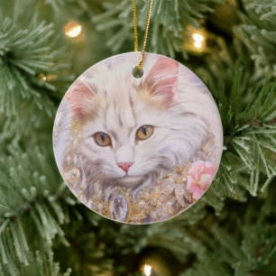 Elegant White Cat in Gold and Diamonds Ceramic Tree Decoration