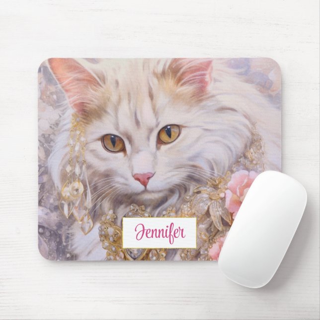 Elegant White Cat in Gold and Diamonds Mouse Mat (With Mouse)