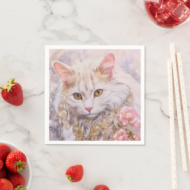 Elegant White Cat in Gold and Diamonds Napkin (Insitu)