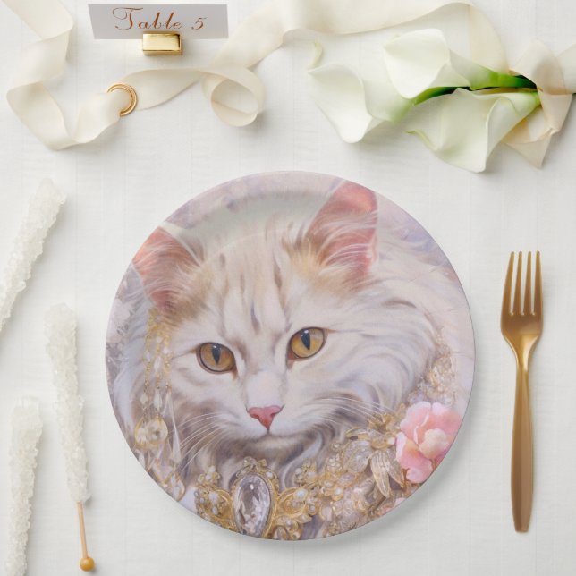 Elegant White Cat in Gold and Diamonds Paper Plate (Wedding)