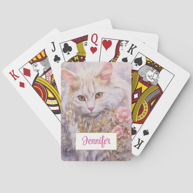 Elegant White Cat in Gold and Diamonds Playing Cards (Back)