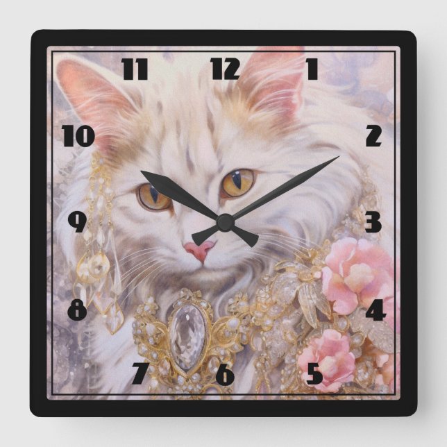 Elegant White Cat in Gold and Diamonds Square Wall Clock (Front)