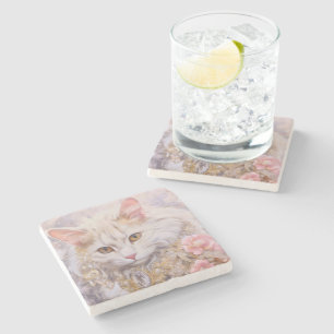 Elegant White Cat in Gold and Diamonds Stone Coaster