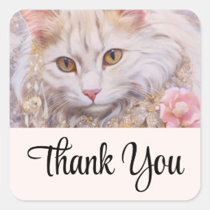 Elegant White Cat in Gold and Diamonds Thank You Square Sticker