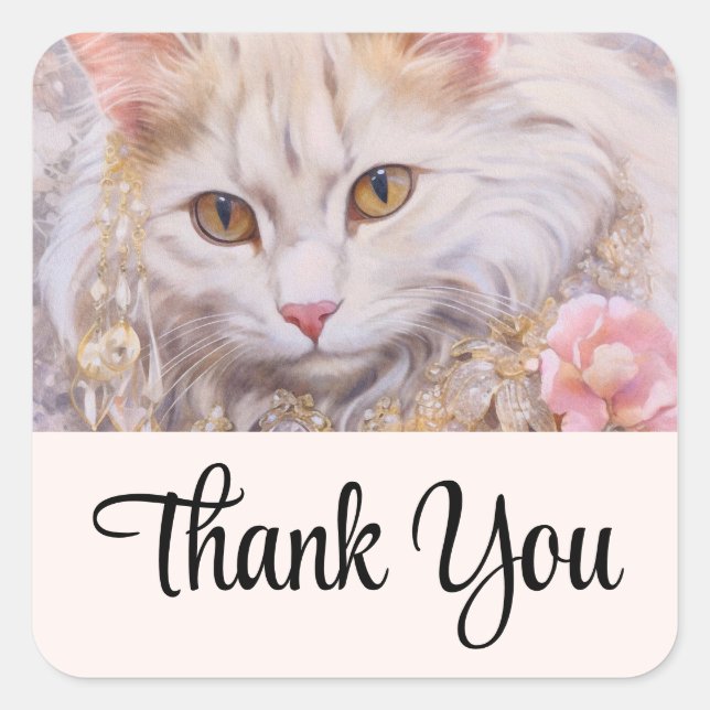 Elegant White Cat in Gold and Diamonds Thank You Square Sticker (Front)