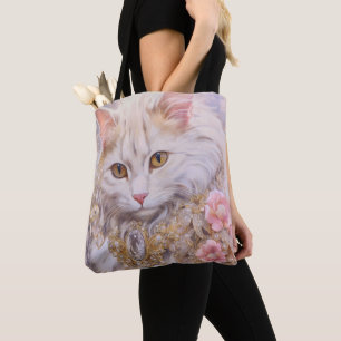 Elegant White Cat in Gold and Diamonds Tote Bag