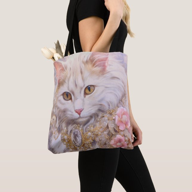 Elegant White Cat in Gold and Diamonds Tote Bag (Close Up)