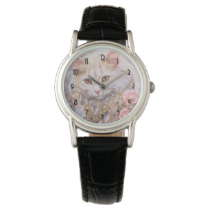 Elegant White Cat in Gold and Diamonds Watch