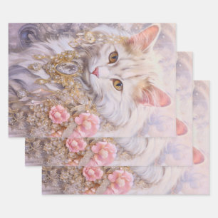 Elegant White Cat in Gold and Diamonds Wrapping Paper Sheet