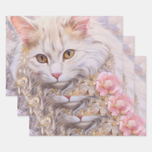 Elegant White Cat in Gold and Diamonds Wrapping Paper Sheet