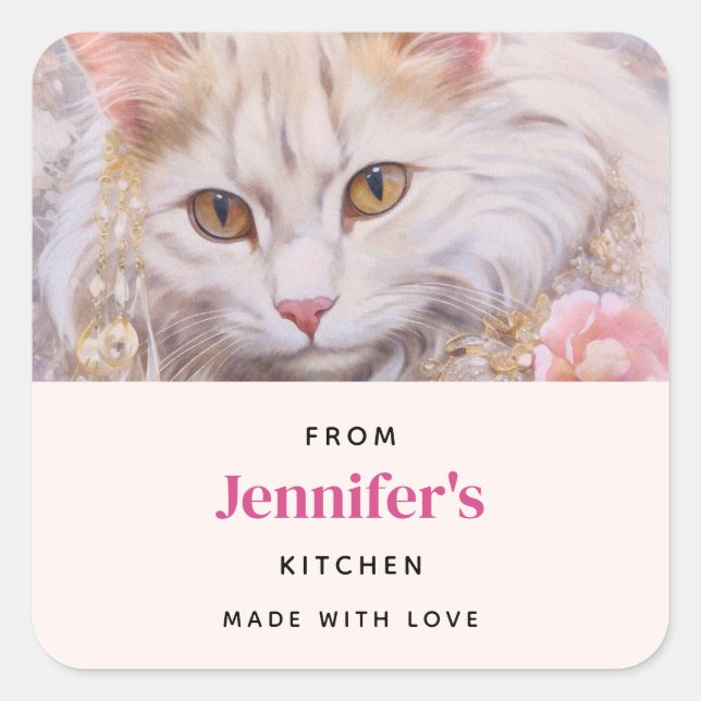 Elegant White Cat in Jewels Kitchen Square Sticker (Front)