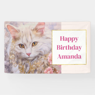 Elegant White Cat in Luxury Jewels Happy Birthday Banner