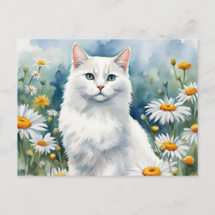 Elegant White Cat  Watercolor with Daisies Flowers Postcard