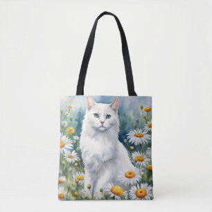 Elegant White Cat  Watercolor with Daisies Flowers Tote Bag