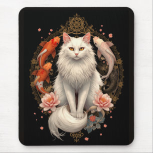 Elegant White Cat with Koi Fish Mouse Mat