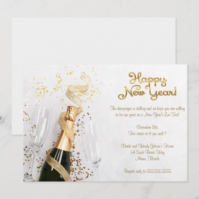 Elegant White Champagne New Years Eve Party Invitation (Front/Back)