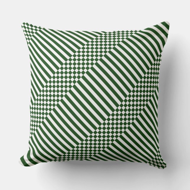 Elegant White Chequered & Stripes Green Cushion (Front)