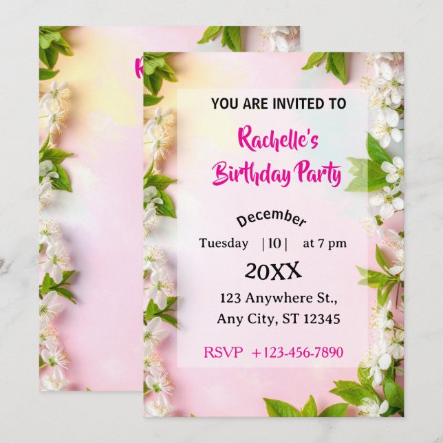 Elegant White Cherry Blossom Floral Birthday Invitation (Front/Back)