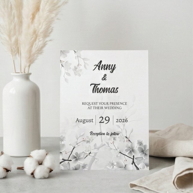 Elegant White Cherry Blossom & Silver Wedding Invitation (Creator Uploaded)