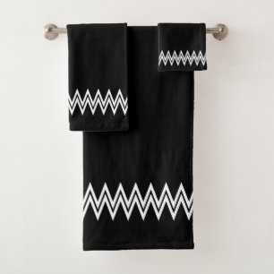 Elegant White Chevron Decorative Lines on Black Bath Towel Set