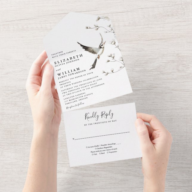 Elegant White Chinoiserie Floral Garden Wedding All In One Invitation (Tearaway)