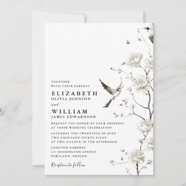 Elegant White Chinoiserie Floral Garden Wedding Invitation (Front)
