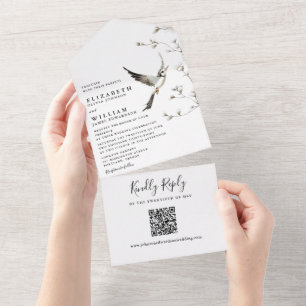 Elegant White Chinoiserie Floral QR Code Wedding All In One Invitation