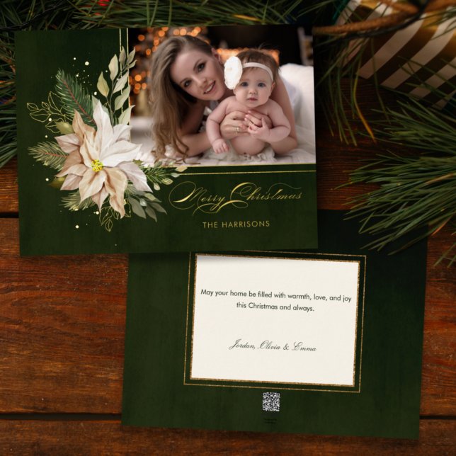 Elegant White Christmas Flowers Calligraphy Photo  Foil Holiday Card (Creator Uploaded)