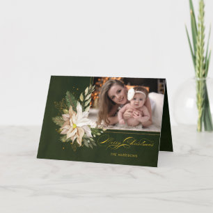Elegant White Christmas Flowers Calligraphy Photo  Holiday Card