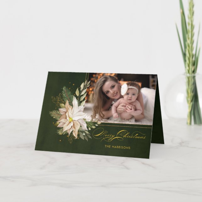 Elegant White Christmas Flowers Calligraphy Photo  Holiday Card (Front)