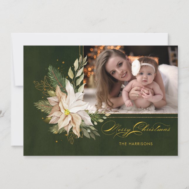 Elegant White Christmas Flowers Calligraphy Photo  Holiday Card (Front)