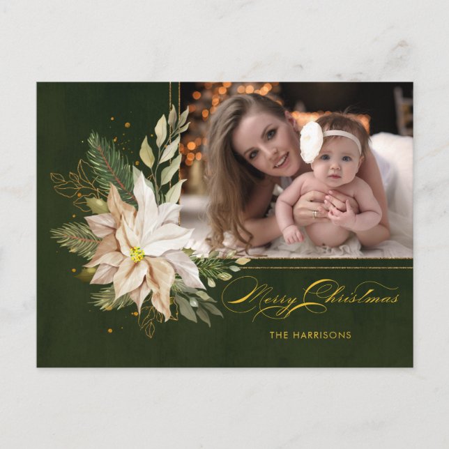 Elegant White Christmas Flowers Calligraphy Photo  Holiday Postcard (Front)