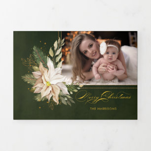 Elegant White Christmas Flowers Calligraphy Photo  Tri-Fold Holiday Card