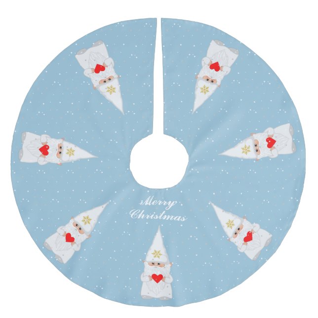 Elegant White Christmas Gnomes on Light Blue Brushed Polyester Tree Skirt (Front)