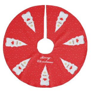 Elegant White Christmas Gnomes on Red Brushed Polyester Tree Skirt
