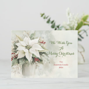 Elegant White Christmas Poinsettias Holiday Card