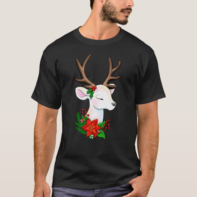 Elegant White Christmas Reindeer With Brown Antler T-Shirt (Front)