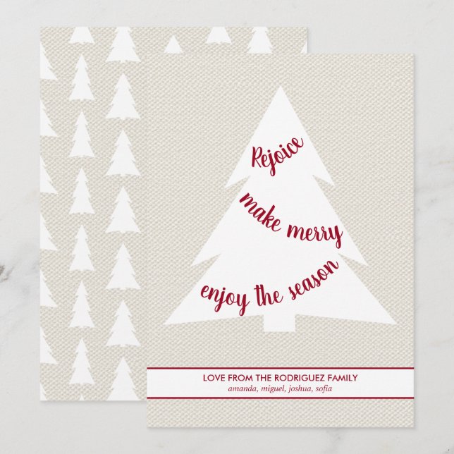 Elegant White Christmas Tree Burgundy Script Beige Holiday Card (Front/Back)