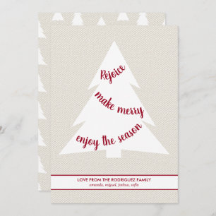 Elegant White Christmas Tree Burgundy Script Beige Holiday Card