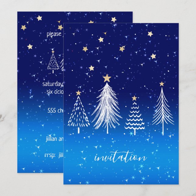 Elegant White Christmas Tree Gold Stars Dinner Invitation (Front/Back)