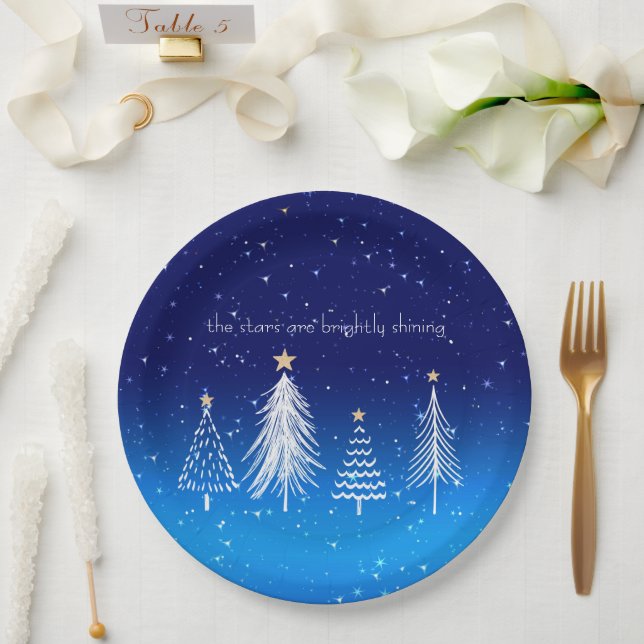 Elegant White Christmas Tree with Gold Stars Paper Plate (Wedding)