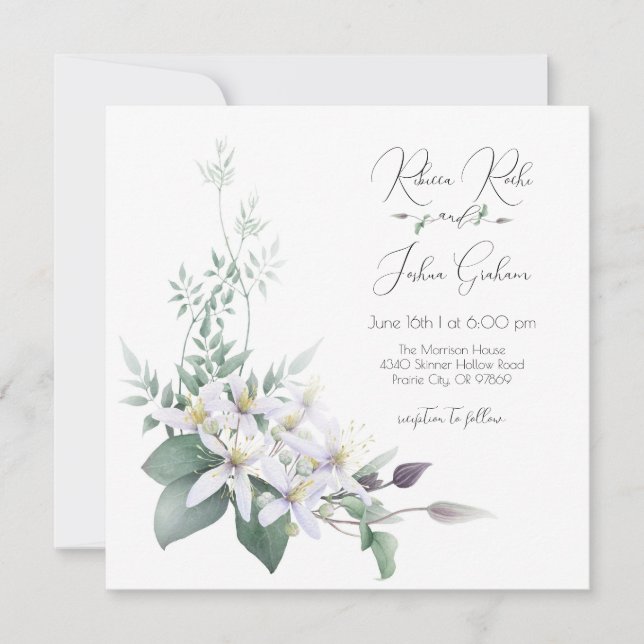 Elegant white clematis Square Wedding Invitation (Front)