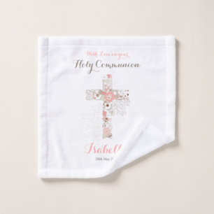 Elegant white communion floral cross wash cloth