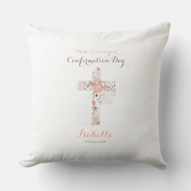 Elegant white confirmation floral cross name cushion (Front)
