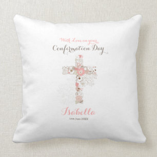 Elegant white confirmation floral cross name cushion
