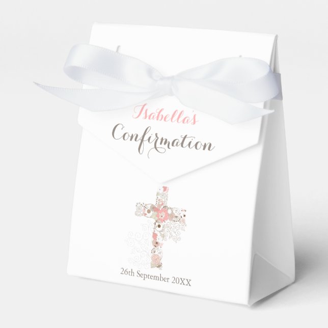Elegant white confirmation floral cross name favour box (Front Side)