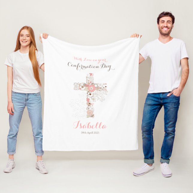 Elegant white confirmation floral cross name fleece blanket (In Situ)