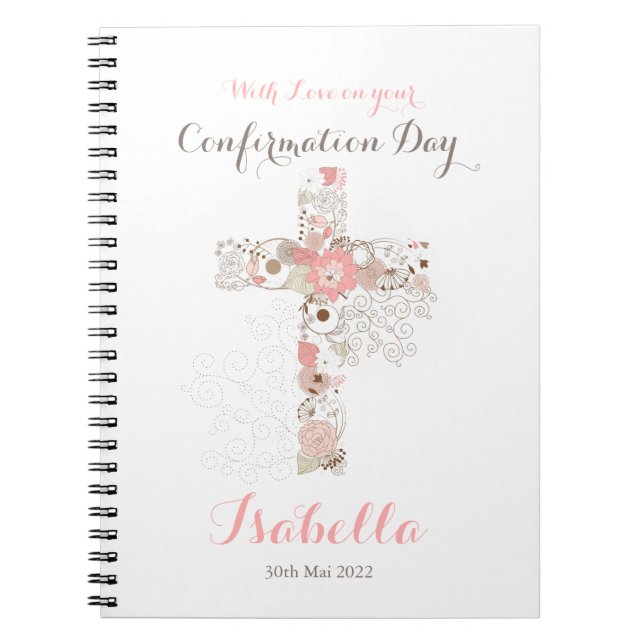 Elegant white confirmation floral cross  notebook (Front)